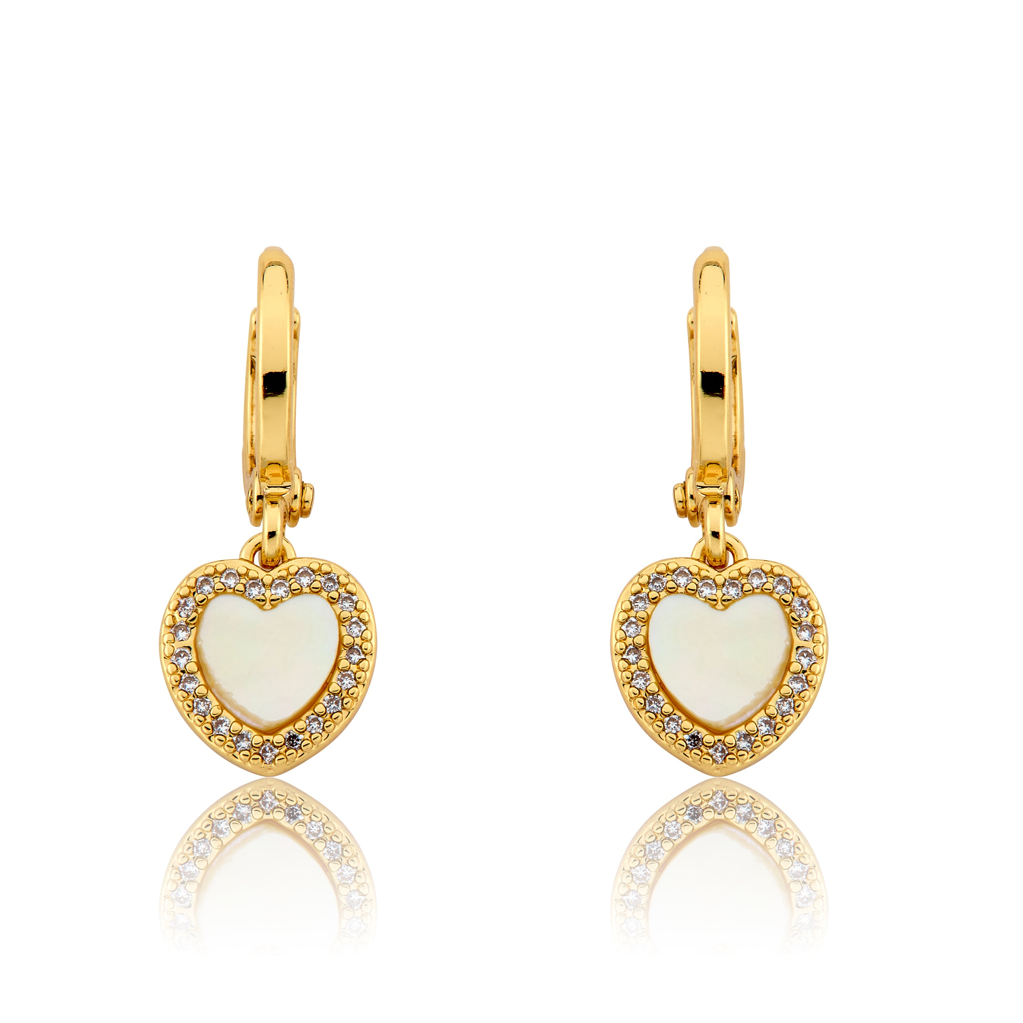 Mother Of Pearl Heart With Cz Frame Huggie Dangle Earring
