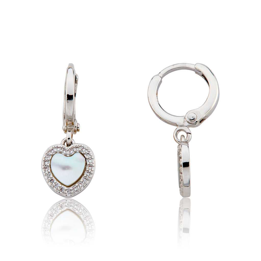 Mother Of Pearl Heart With Cz Frame Huggie Dangle Earring