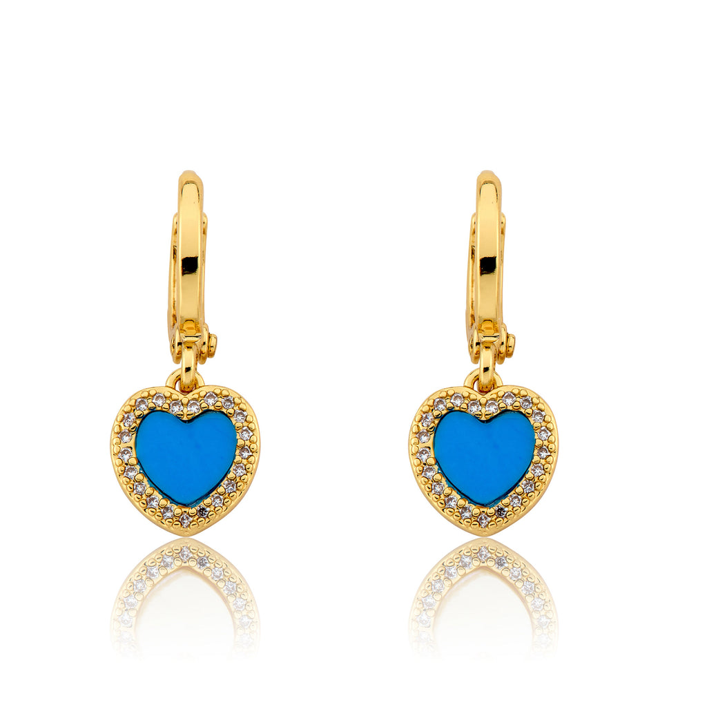 Turquoise Heart With Cz Frame Huggie Dangle Earring