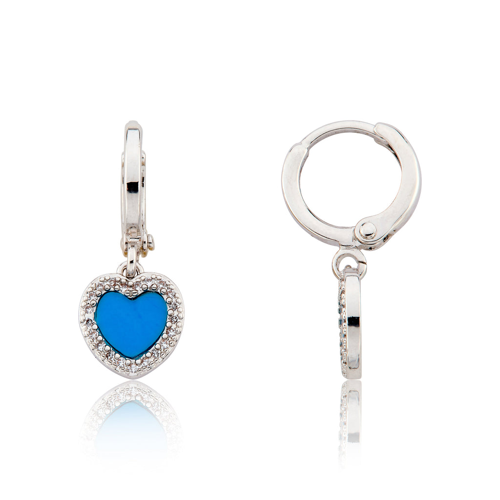 Turquoise Heart With Cz Frame Huggie Dangle Earring