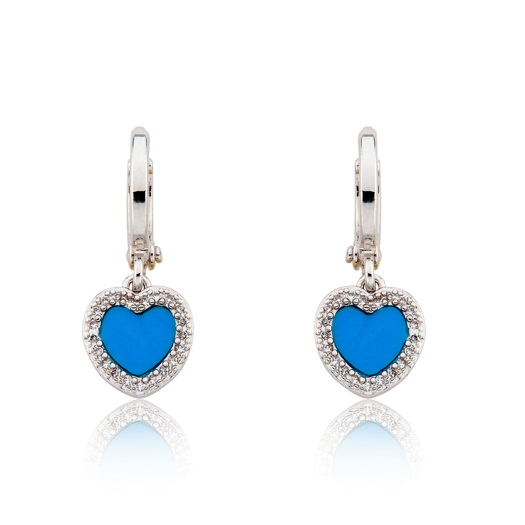 Turquoise Heart With Cz Frame Huggie Dangle Earring