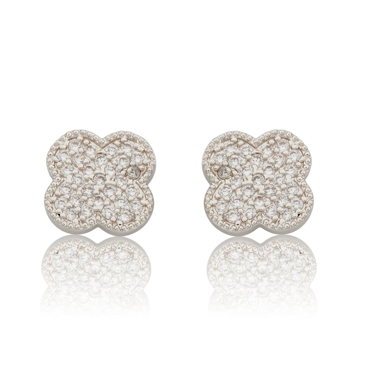Pave Clover Stud Earring in Rhodium/ Clear