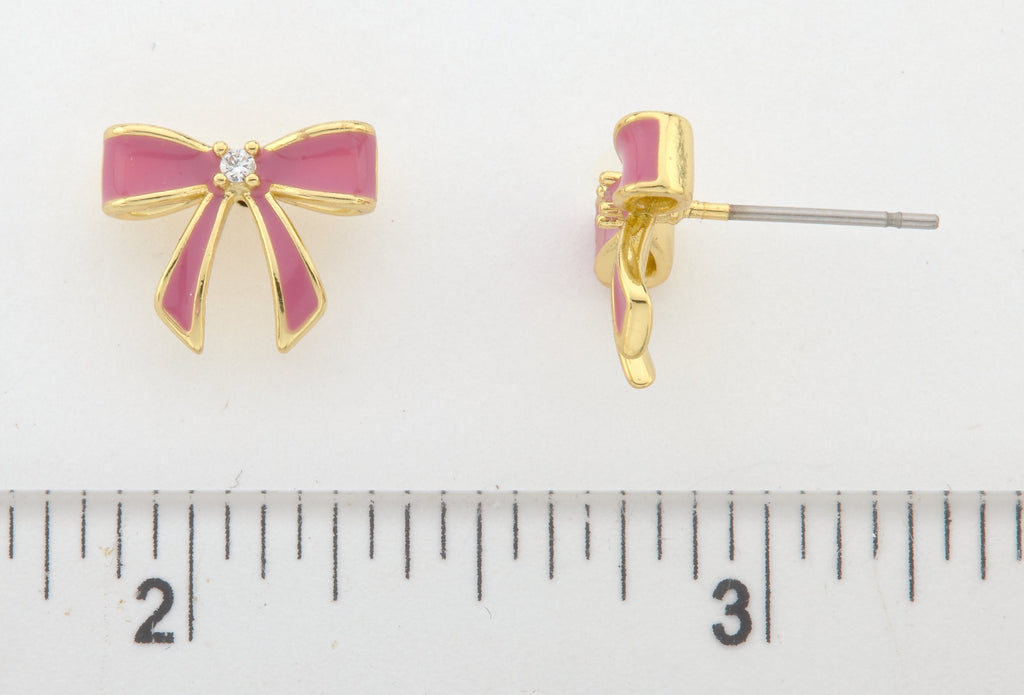 LMTS Classic! 14k Gold Plated Cz Center Enamel Bow Stud Earring