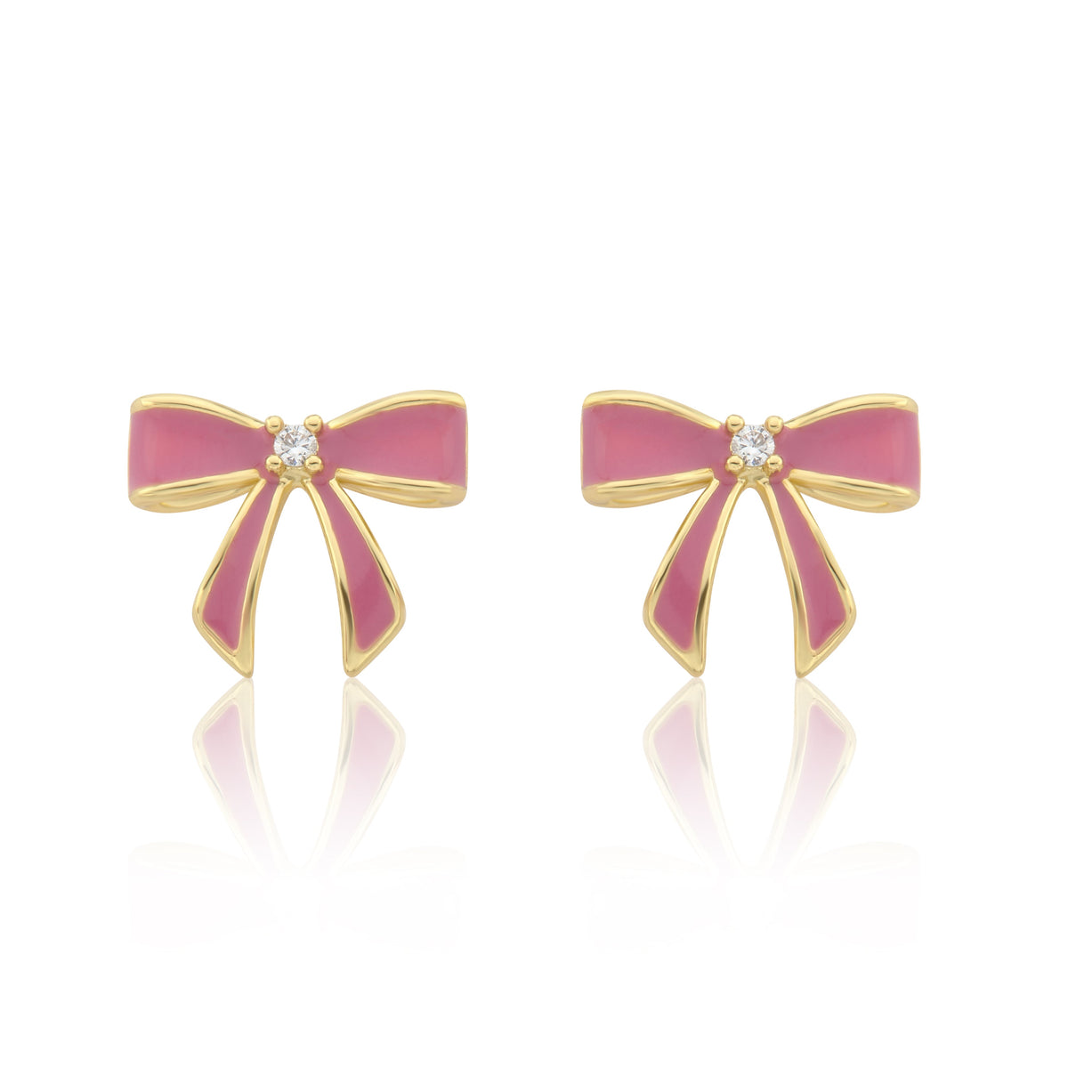 14k Gold Plated Cz Center Enamel Bow Stud Earring in Hot Pink