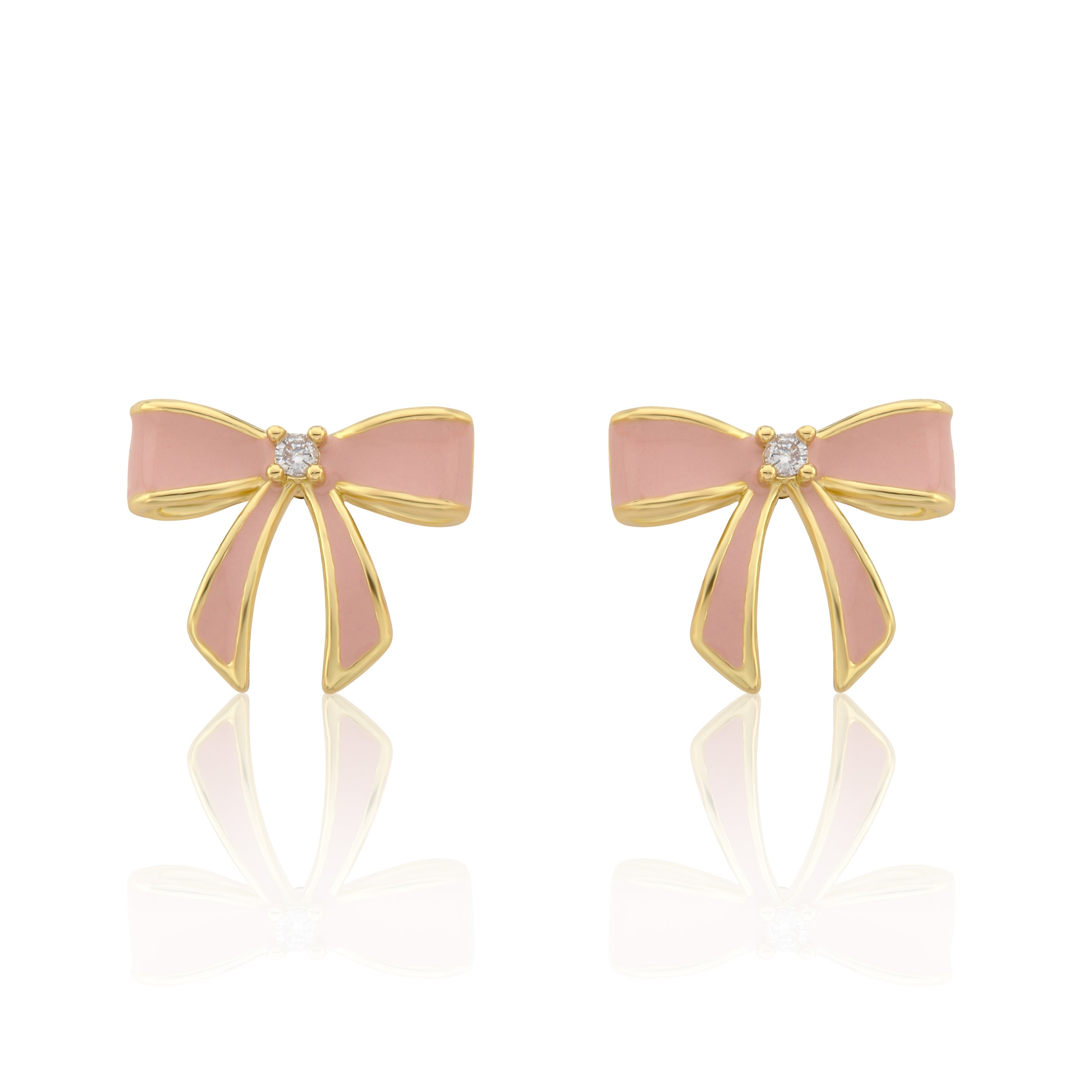 LMTS Classic! 14k Gold Plated Cz Center Enamel Bow Stud Earring