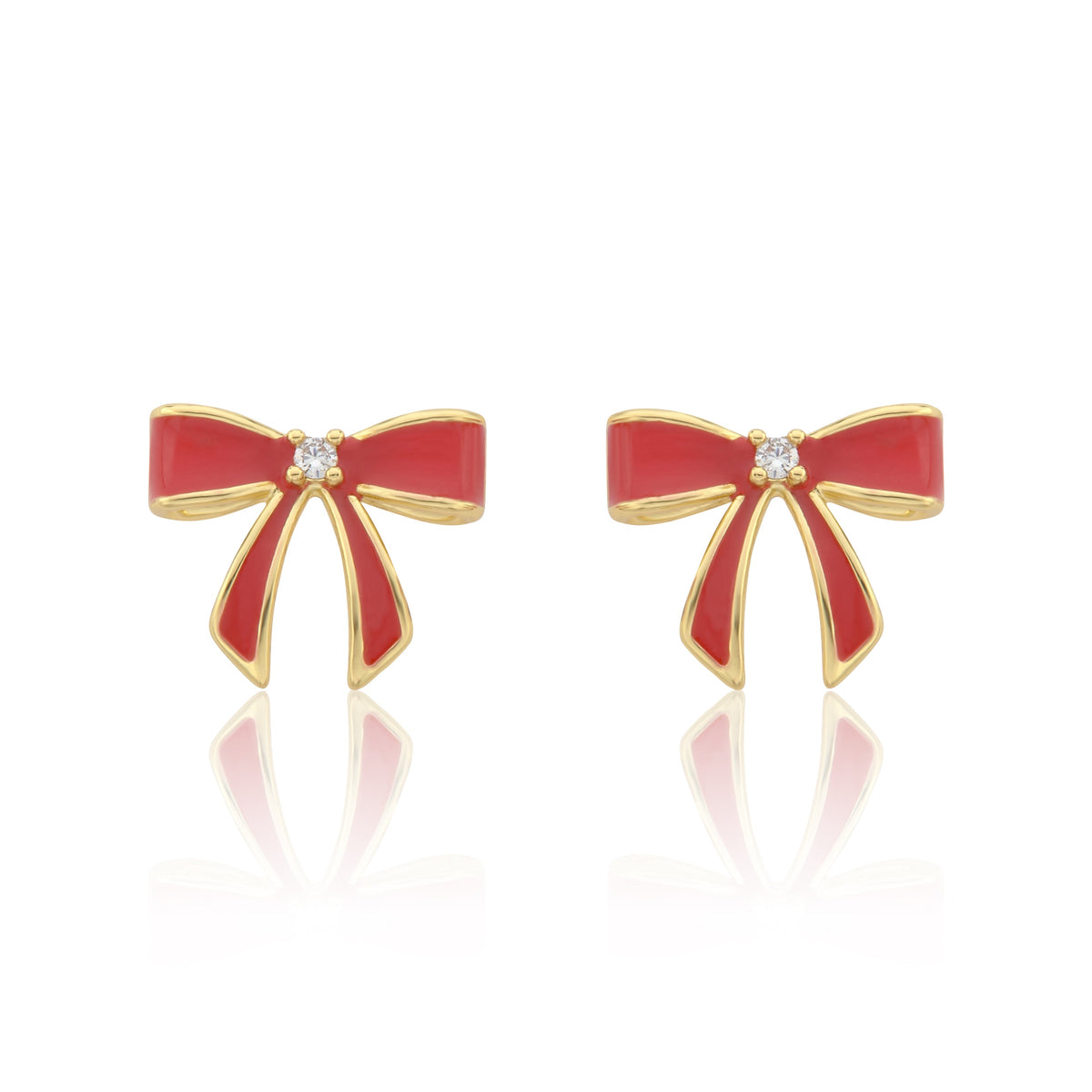 14k Gold Plated Cz Center Enamel Bow Stud Earring in Red