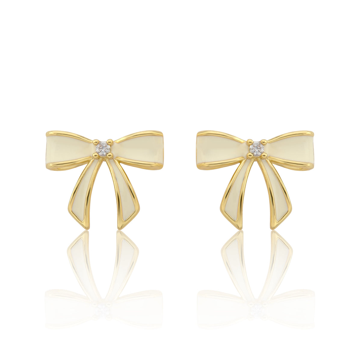 14k Gold Plated Cz Center Enamel Bow Stud Earring in White
