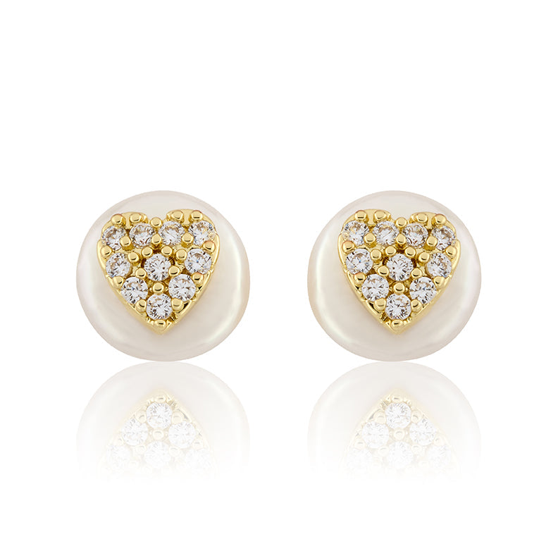 14K Gold Plated Cz Heart Over 10mm Pearl Stud Earring