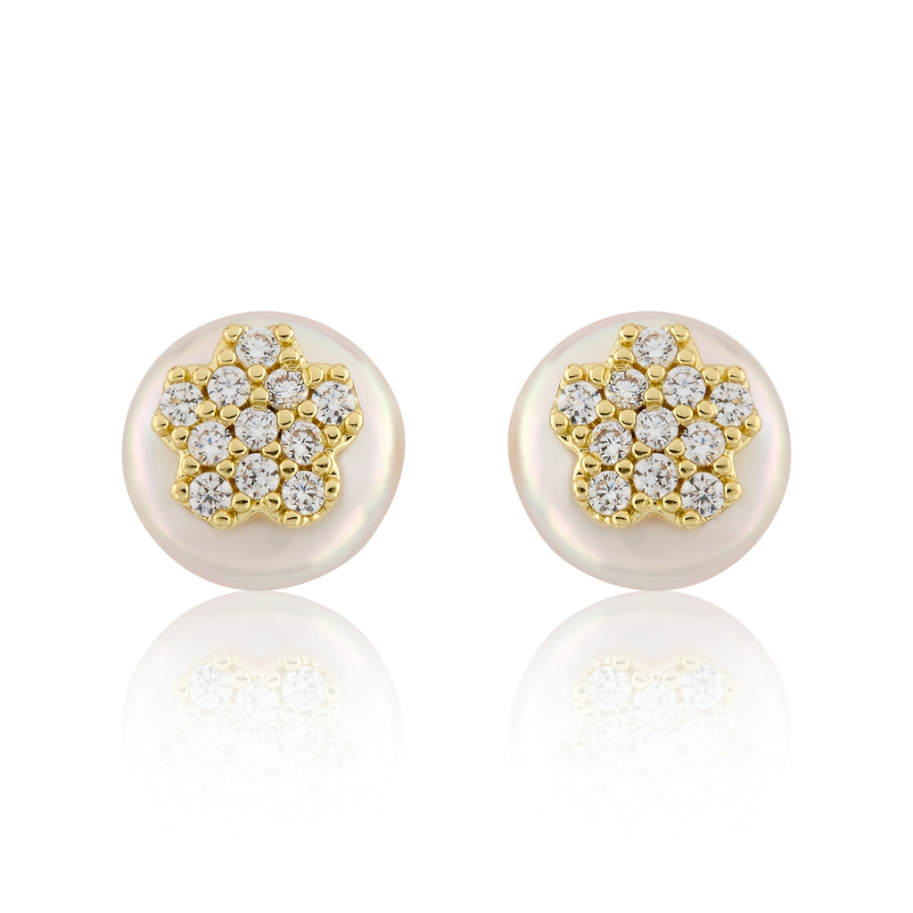 14K Gold Plated Cz Flower Over 10mm Pearl Stud Earring