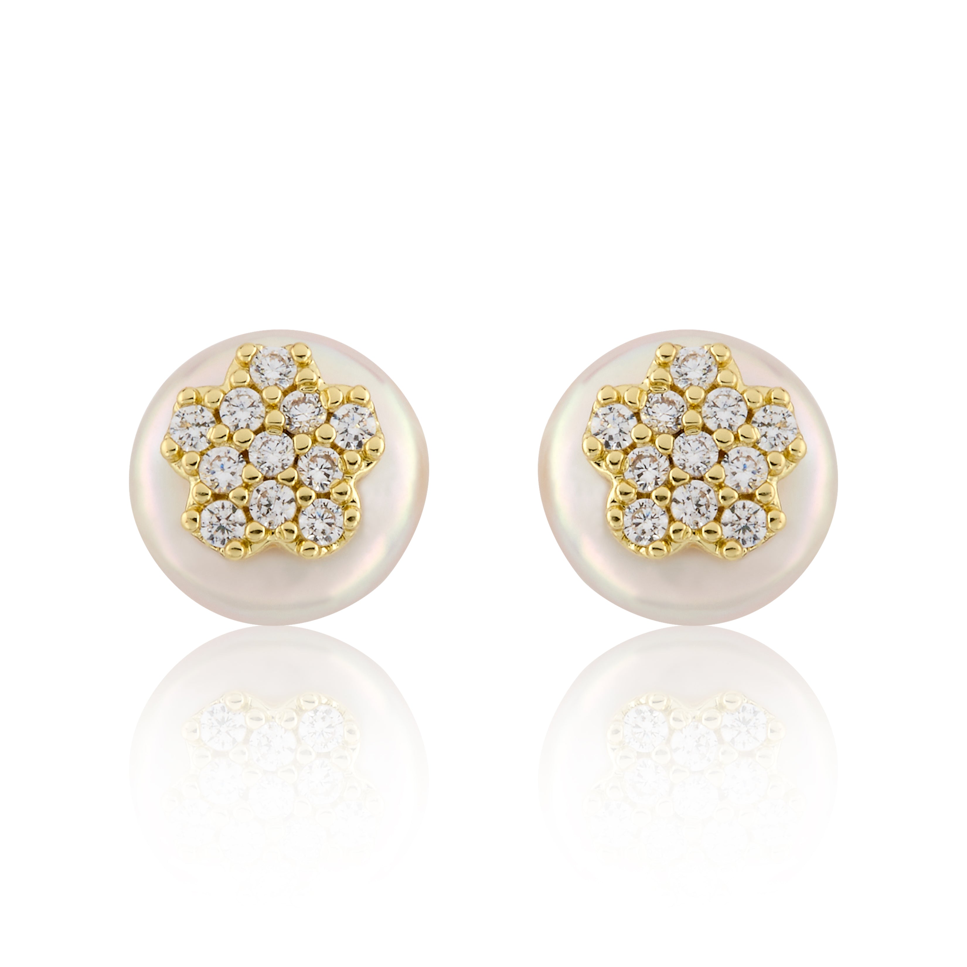 14K Gold Plated Cz Flower Over 10mm Pearl Stud Earring