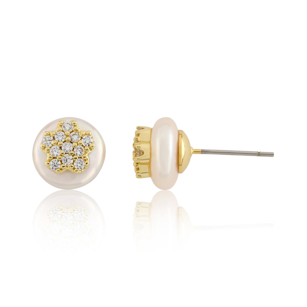 14K Gold Plated Cz Flower Over 10mm Pearl Stud Earring