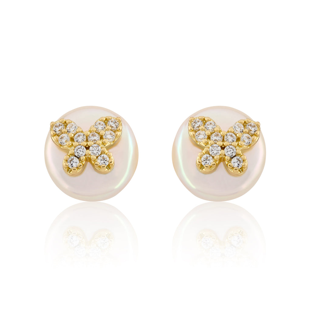 14K Gold Plated Cz Butterfly Over 10mm Pearl Stud Earring