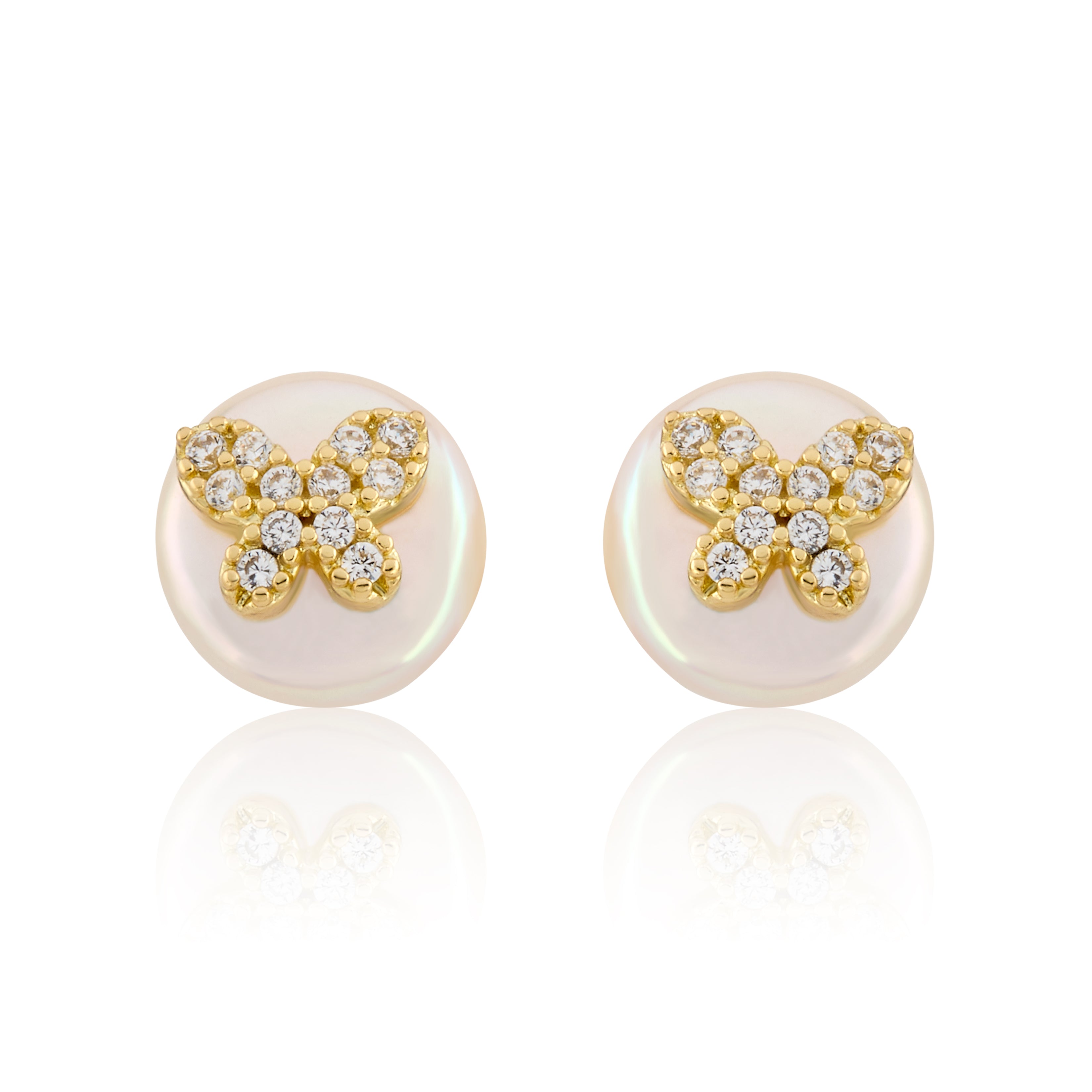 14K Gold Plated Cz Butterfly Over 10mm Pearl Stud Earring