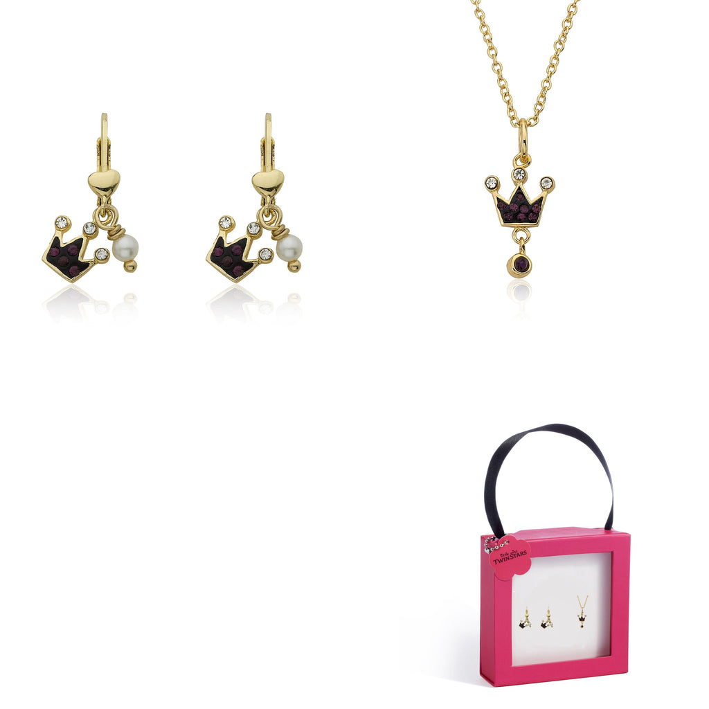 Crystal Crown & Pearl Dangle Earring With Gold Heart