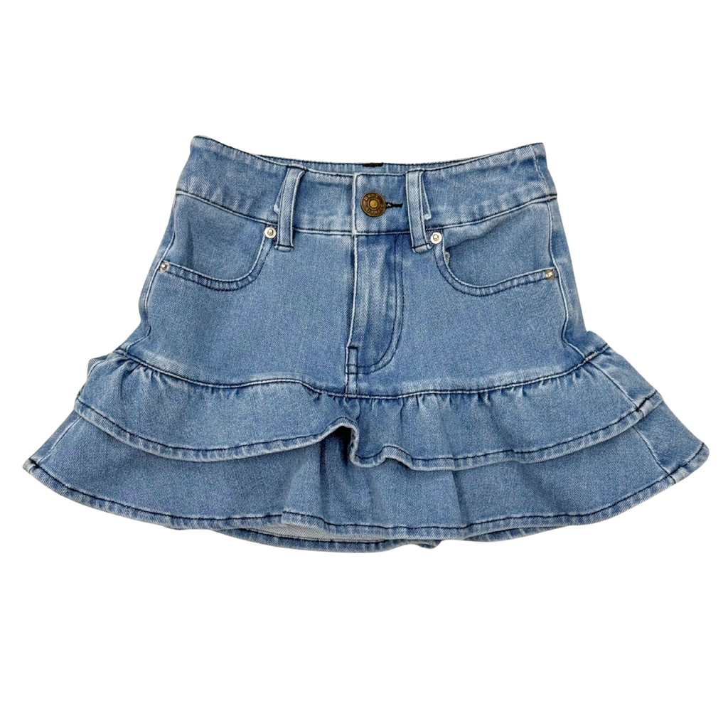 Girls Double Tiered Denim Skirt in Mid Blue Wash