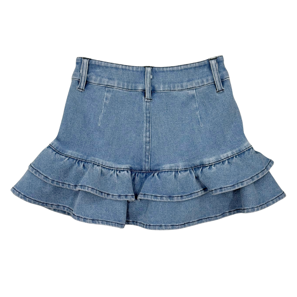 Girls Double Tiered Denim Skirt in Mid Blue Wash