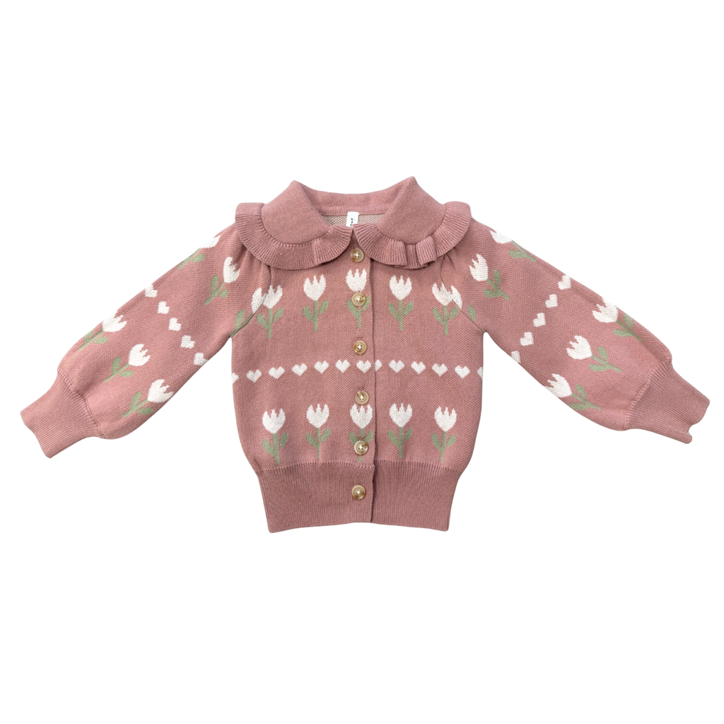 Girls Floral Knit Cardigan in Tulip Heart Intarsia