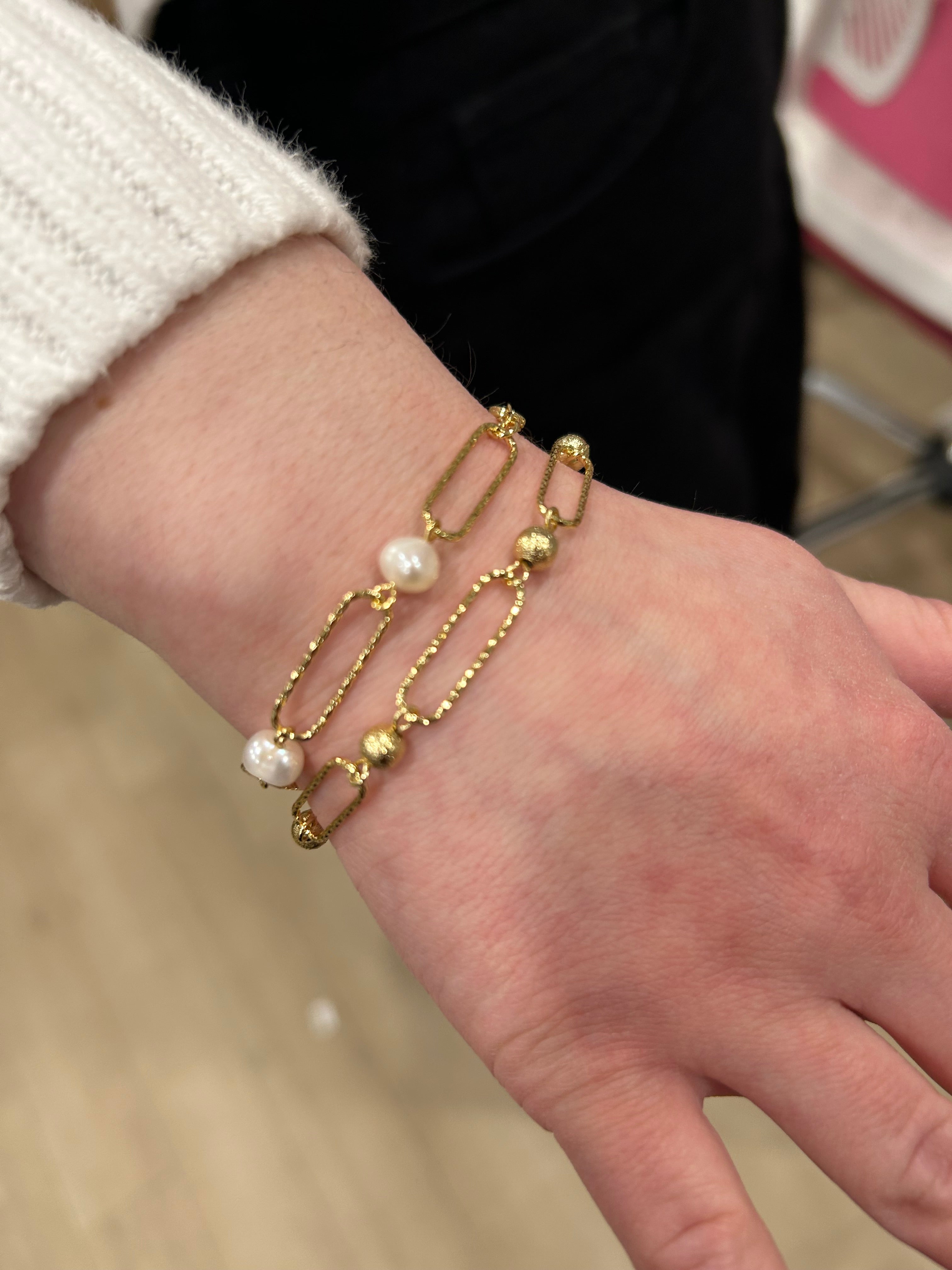 14K Gold Plated Links & Fresh Water Pearls Chain Bracelet