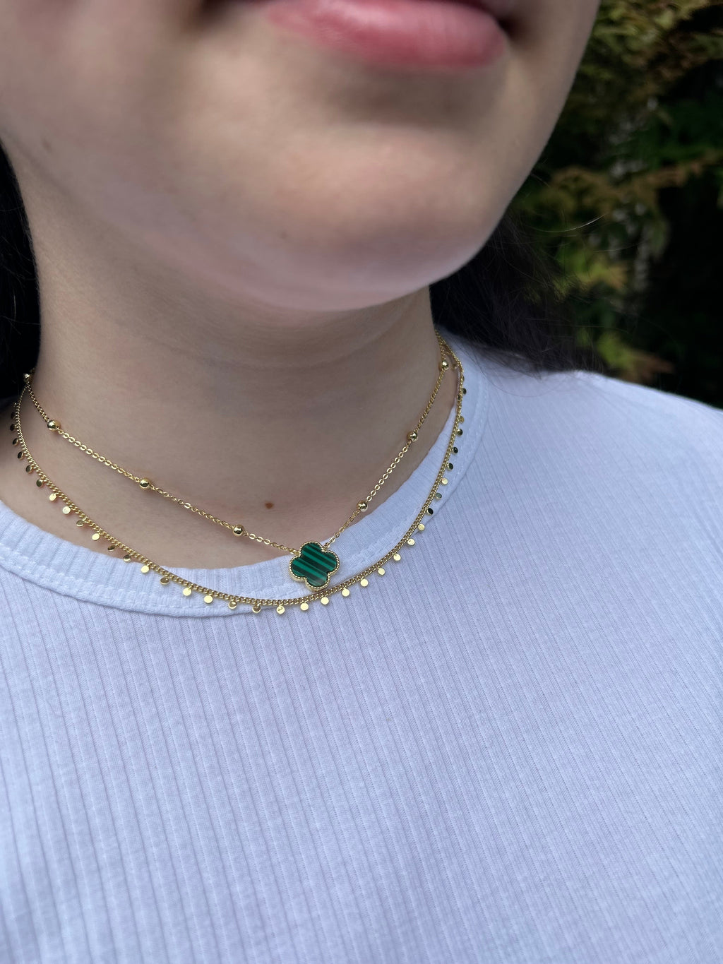 14K Gold Plated Clover Pendant On Bead Station Necklace