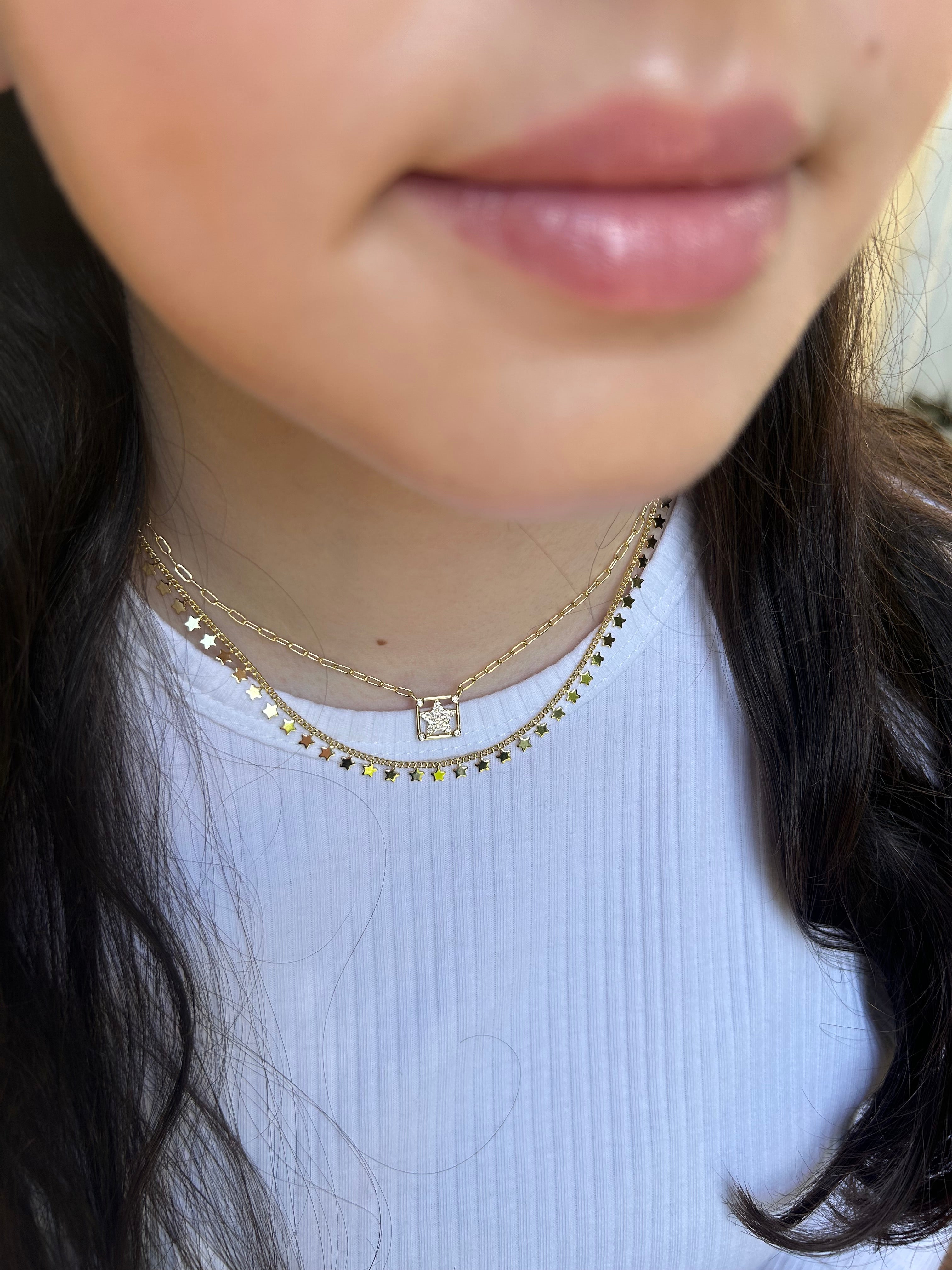 Cz Pave' Star Paperclip Chain Necklace