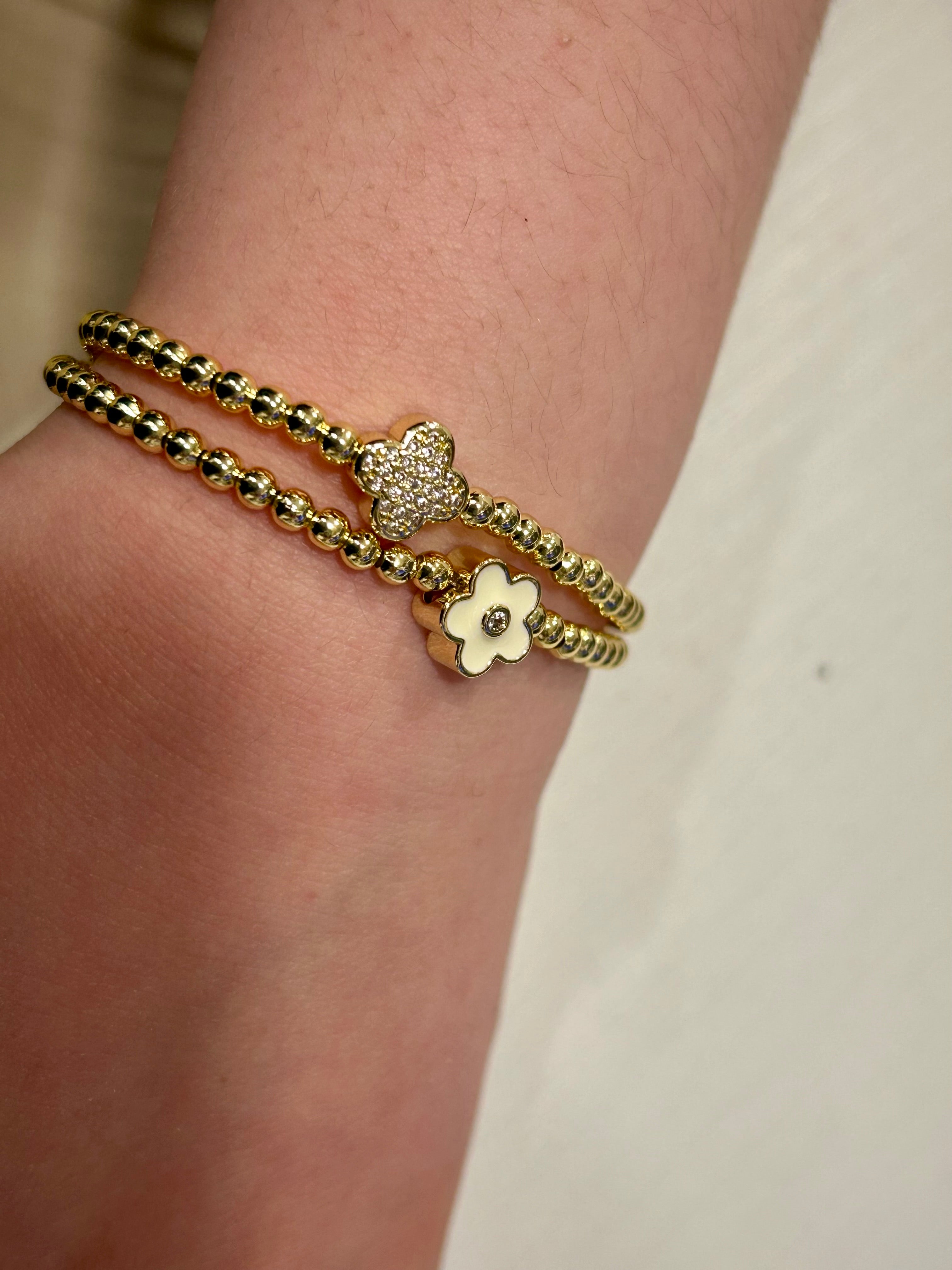 LMTS Classic! 14K Gold Plated Bead & Cz Clover Wire Bracelet
