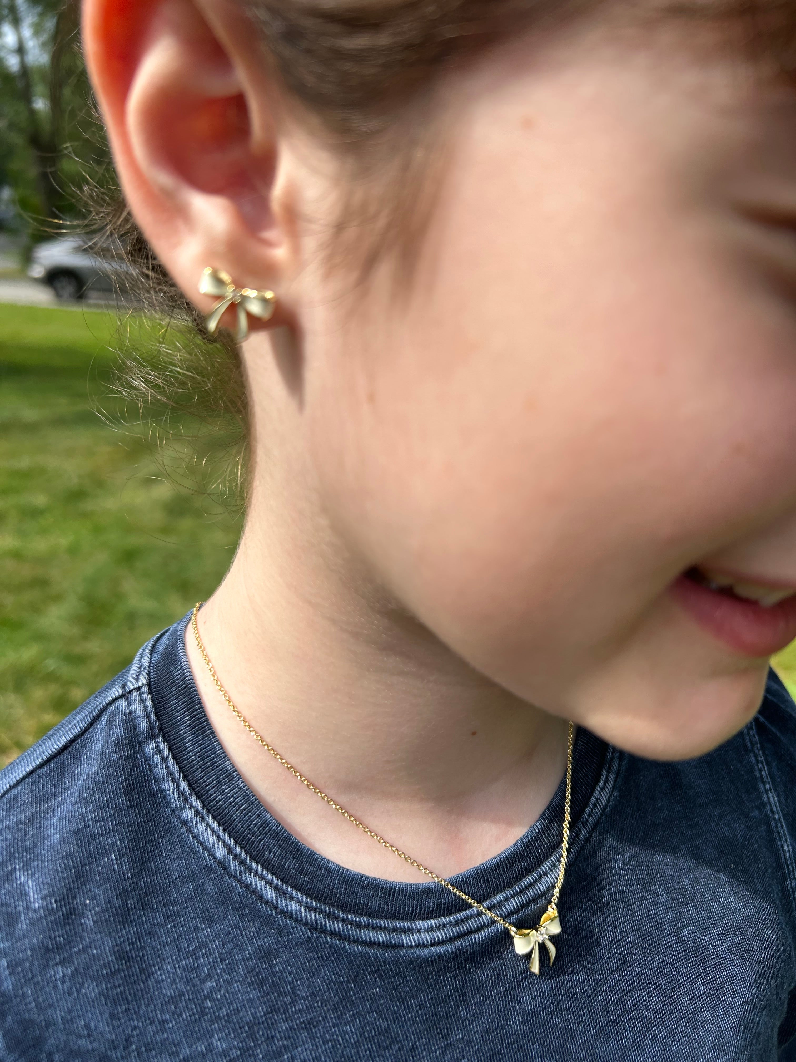 LMTS Classic! 14k Gold Plated Cz Center Enamel Bow Stud Earring
