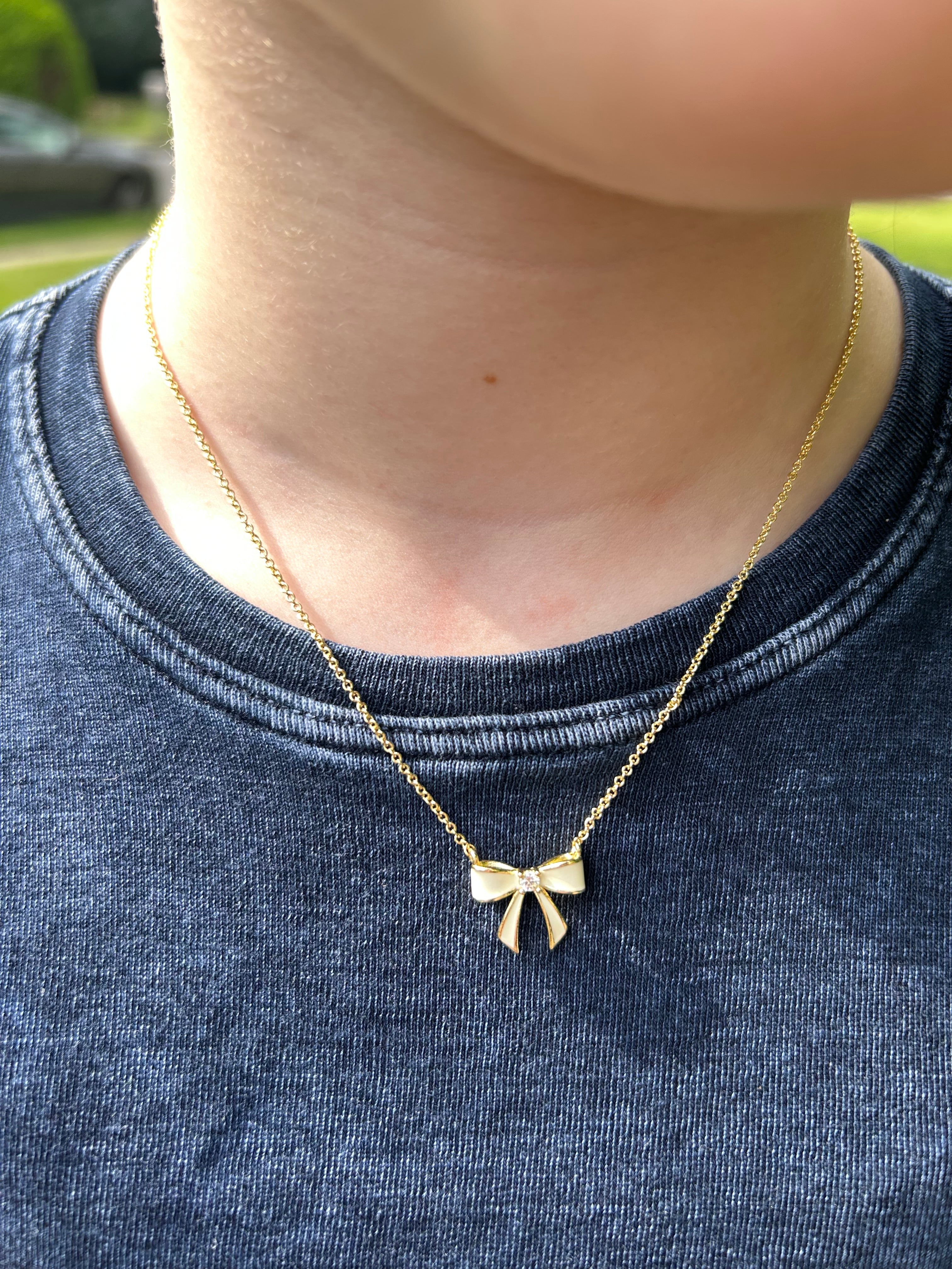 LMTS Classic! 14k Gold Plated Cz Center Enamel Bow Necklace