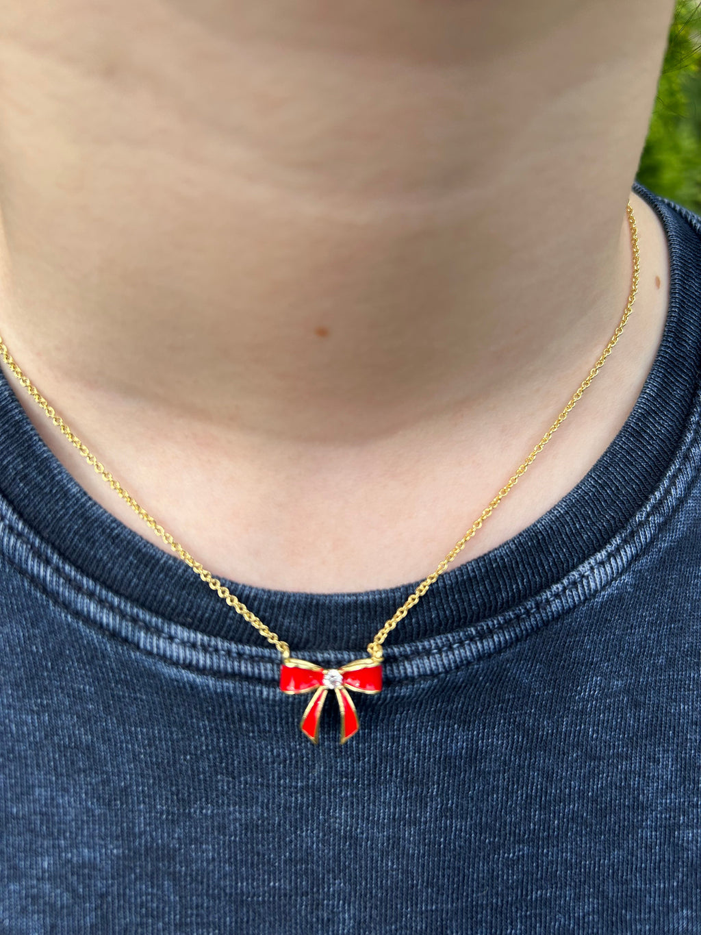 LMTS Classic! 14k Gold Plated Cz Center Enamel Bow Necklace