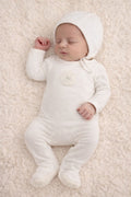 Crochet Applique Footie and Bonnet (Velour Edition) in Ivory/Girls by Tricot Bebe