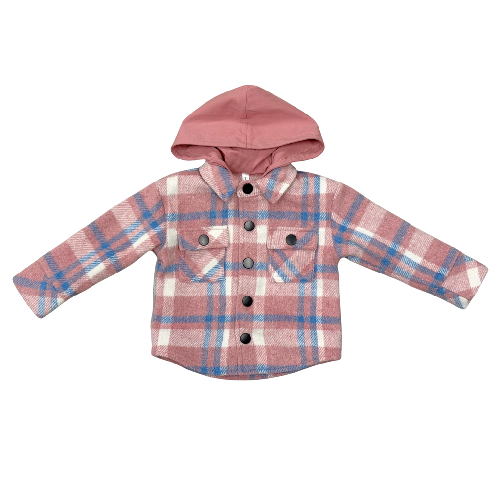 Kids Hooded Shacket in Pink Blue Plaid