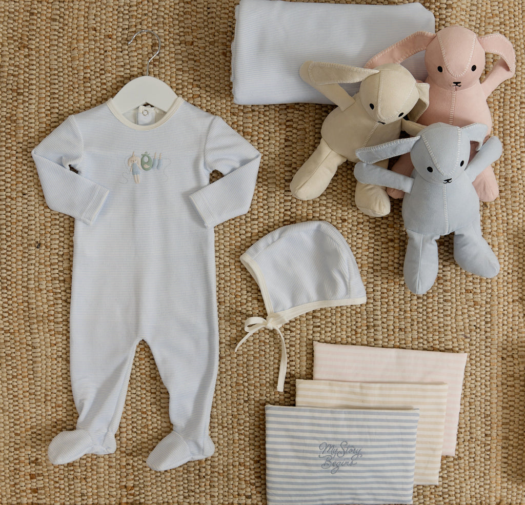 Bunny Stripe Footie & Hat Set - Blue