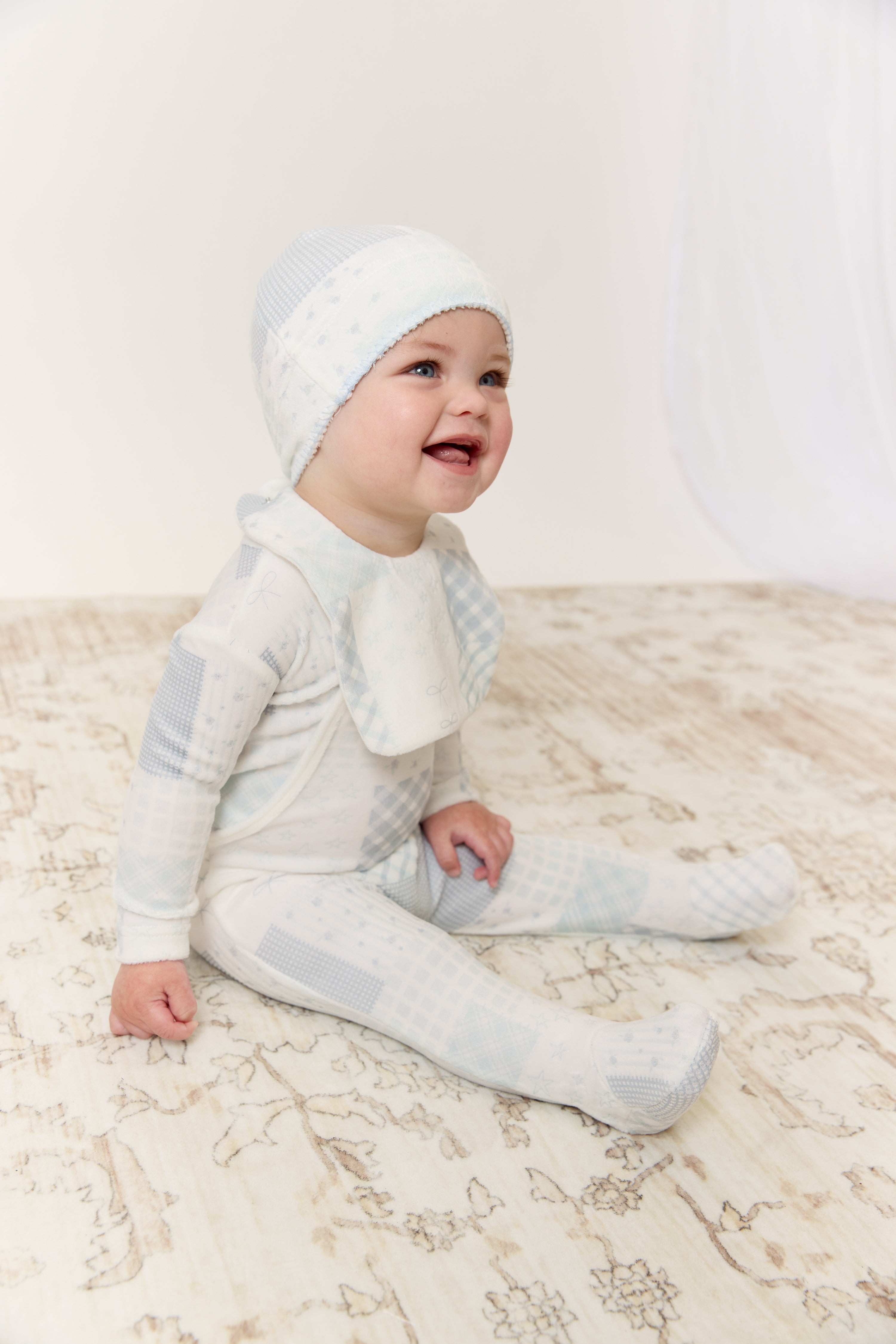 Patchwork Footie & Hat Set - Blue