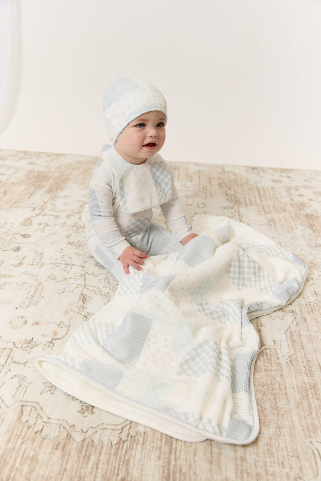 Patchwork Footie, Hat & Blanket Set - Blue