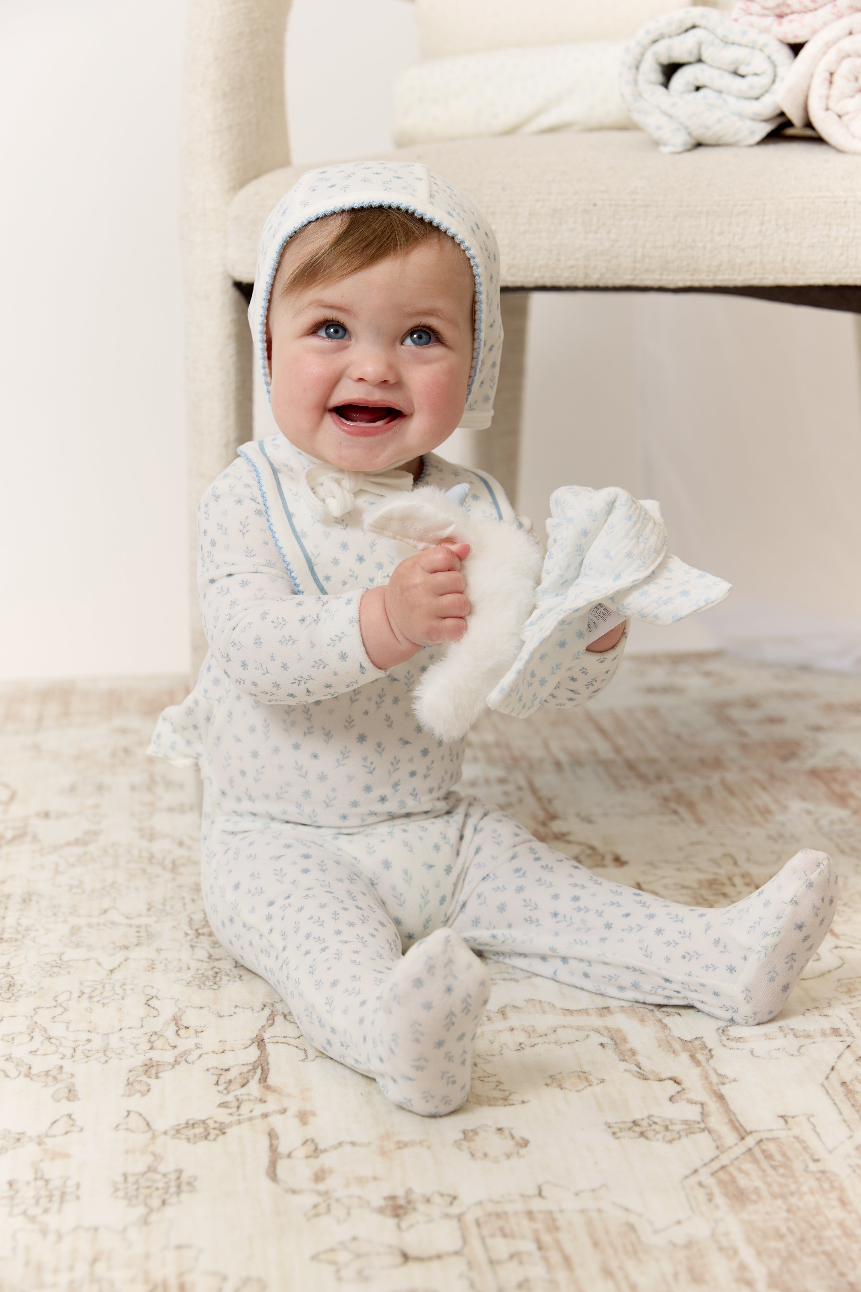Whispering Blooms Footie, Hat & Blanket Set - Dark Blue