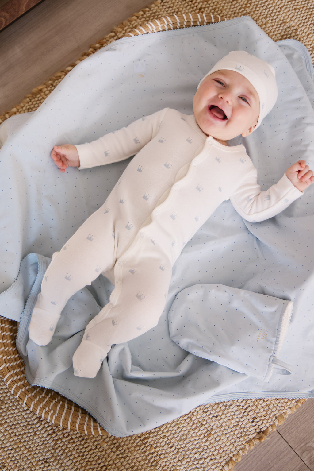 Little Crown Pattern Terry Footie + Hat - Blue