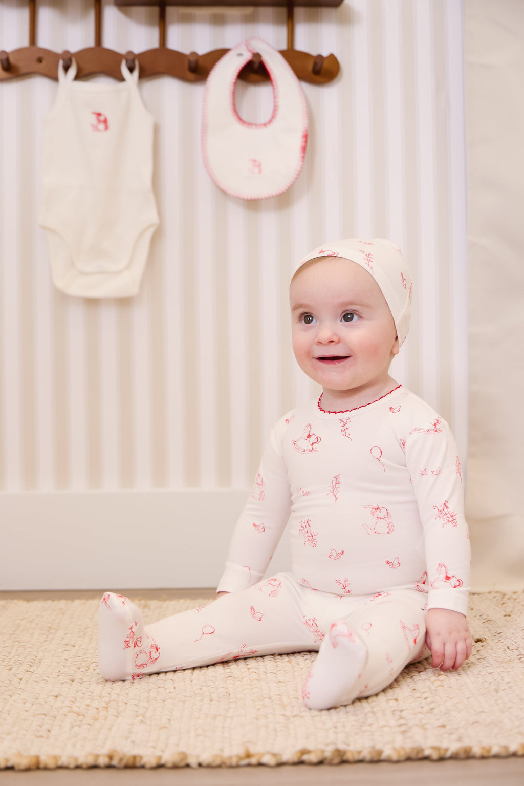 Toile Footie + Hat - Red