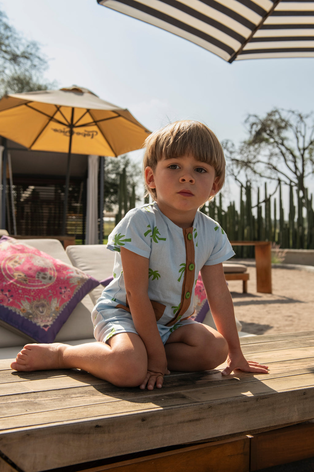 Linen Palm Tree Pocket Baby Romper