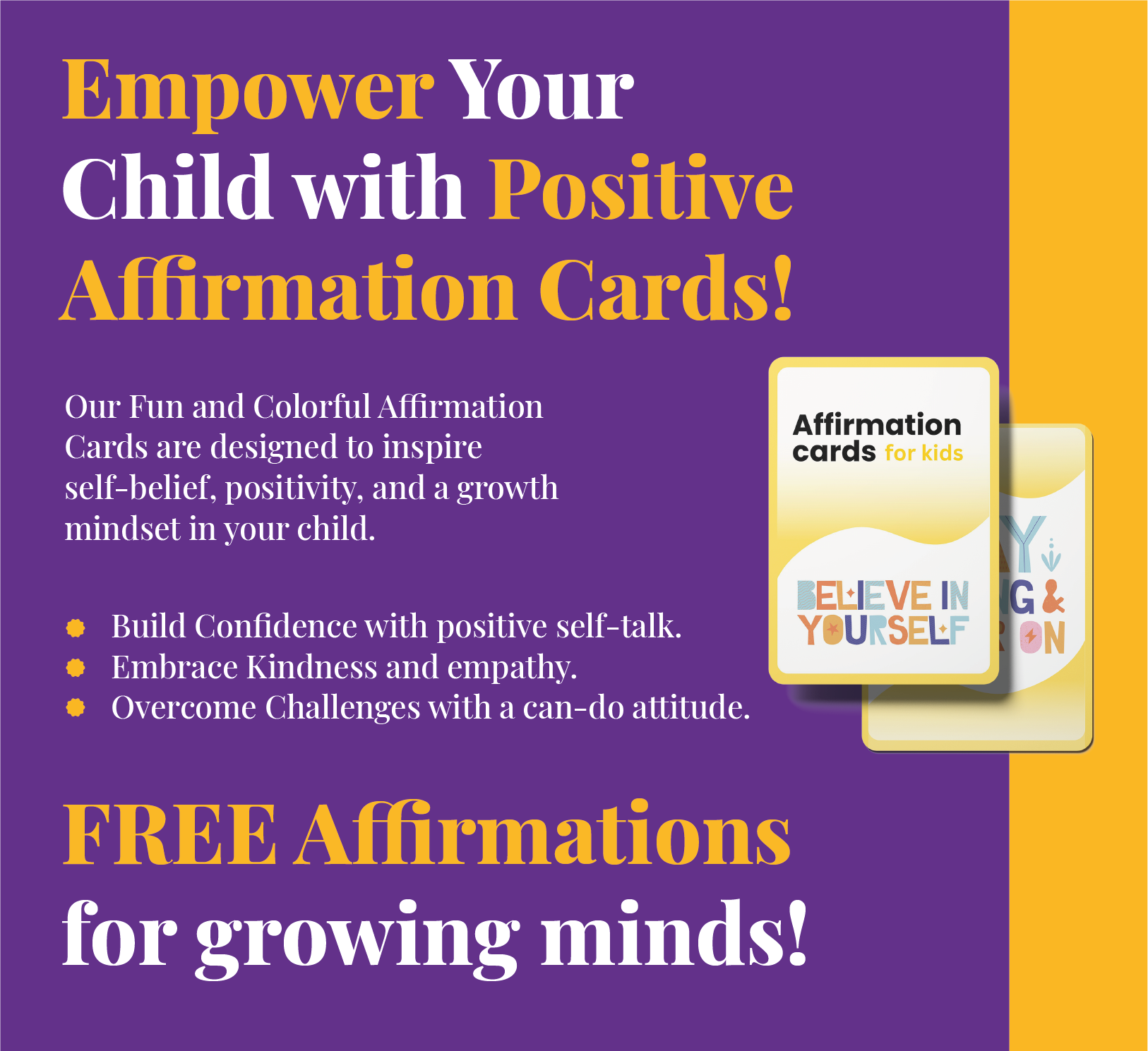 Banner highlighting the customer needs for KiddoLux affirmation cards, emphasizing their role in fostering positive self-esteem, emotional well-being, and personal growth for children through encouraging and uplifting messages.