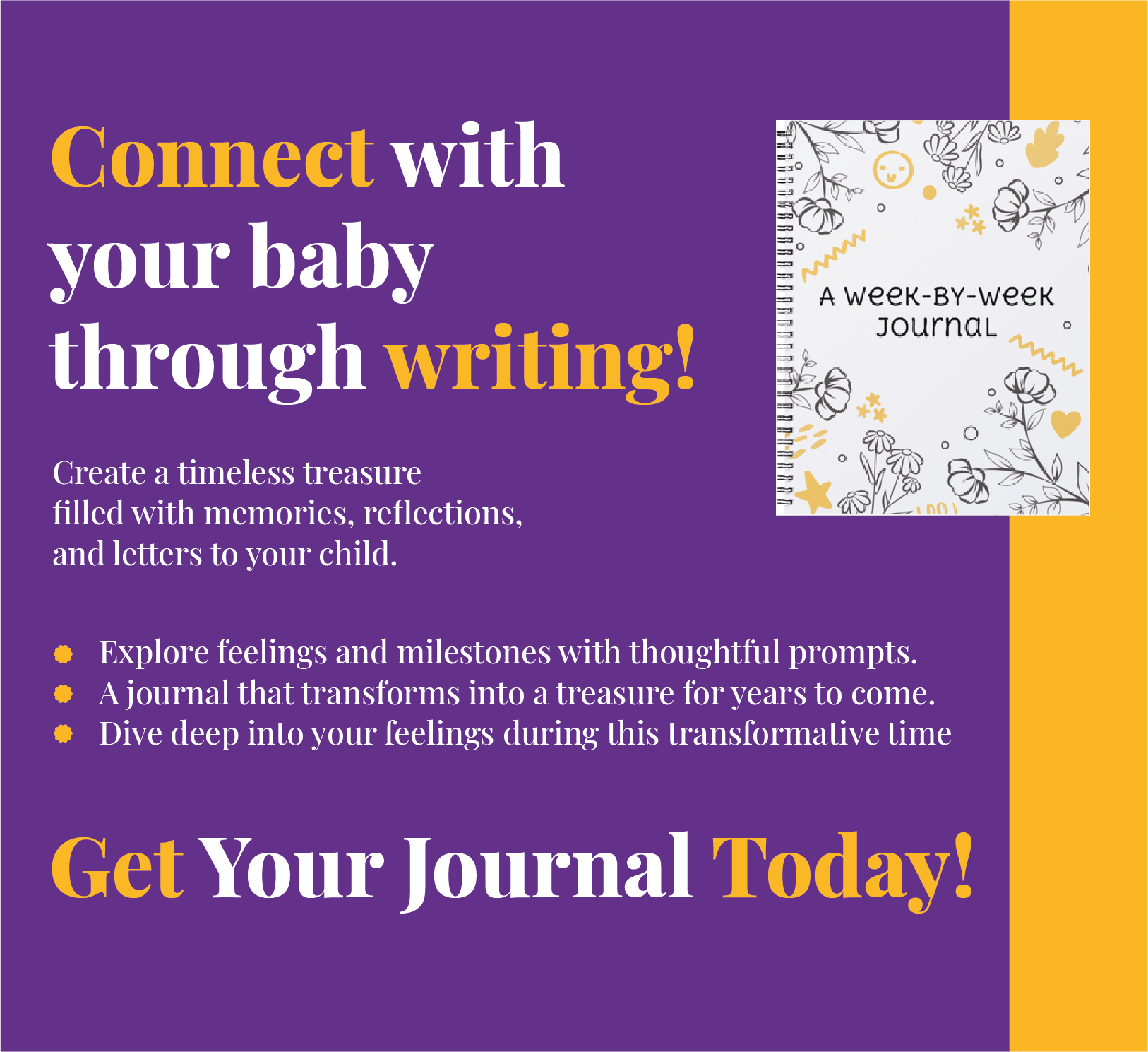 Banner showcasing customer needs for the Weekly Pregnancy Journal from KiddoLux, highlighting its importance in helping expecting mothers track their weekly progress, emotions, and milestones during pregnancy for a more organized experience.