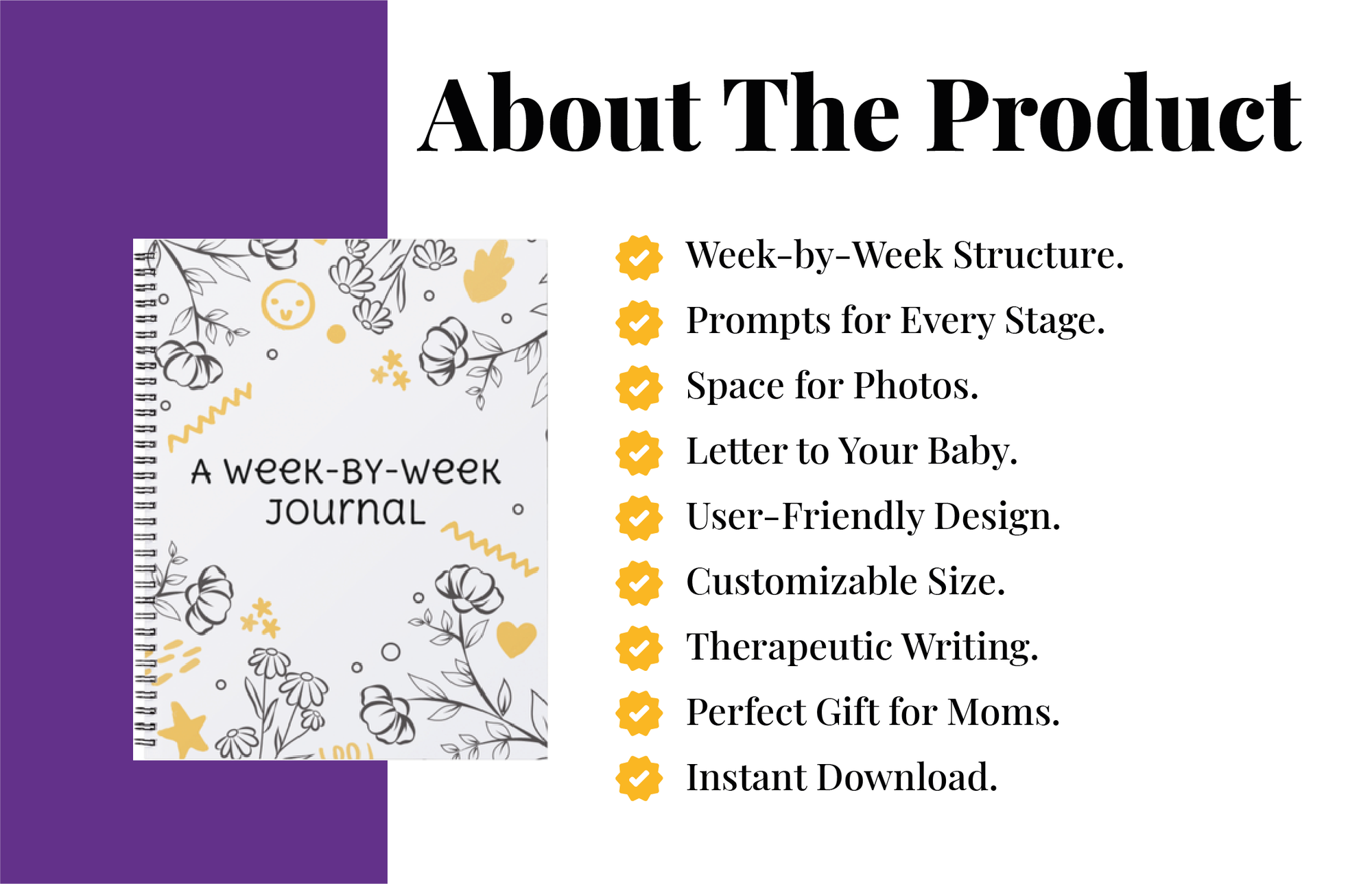 Banner showcasing customer needs for the Weekly Pregnancy Journal from KiddoLux, highlighting its importance in helping expecting mothers track their weekly progress, emotions, and milestones during pregnancy for a more organized experience.