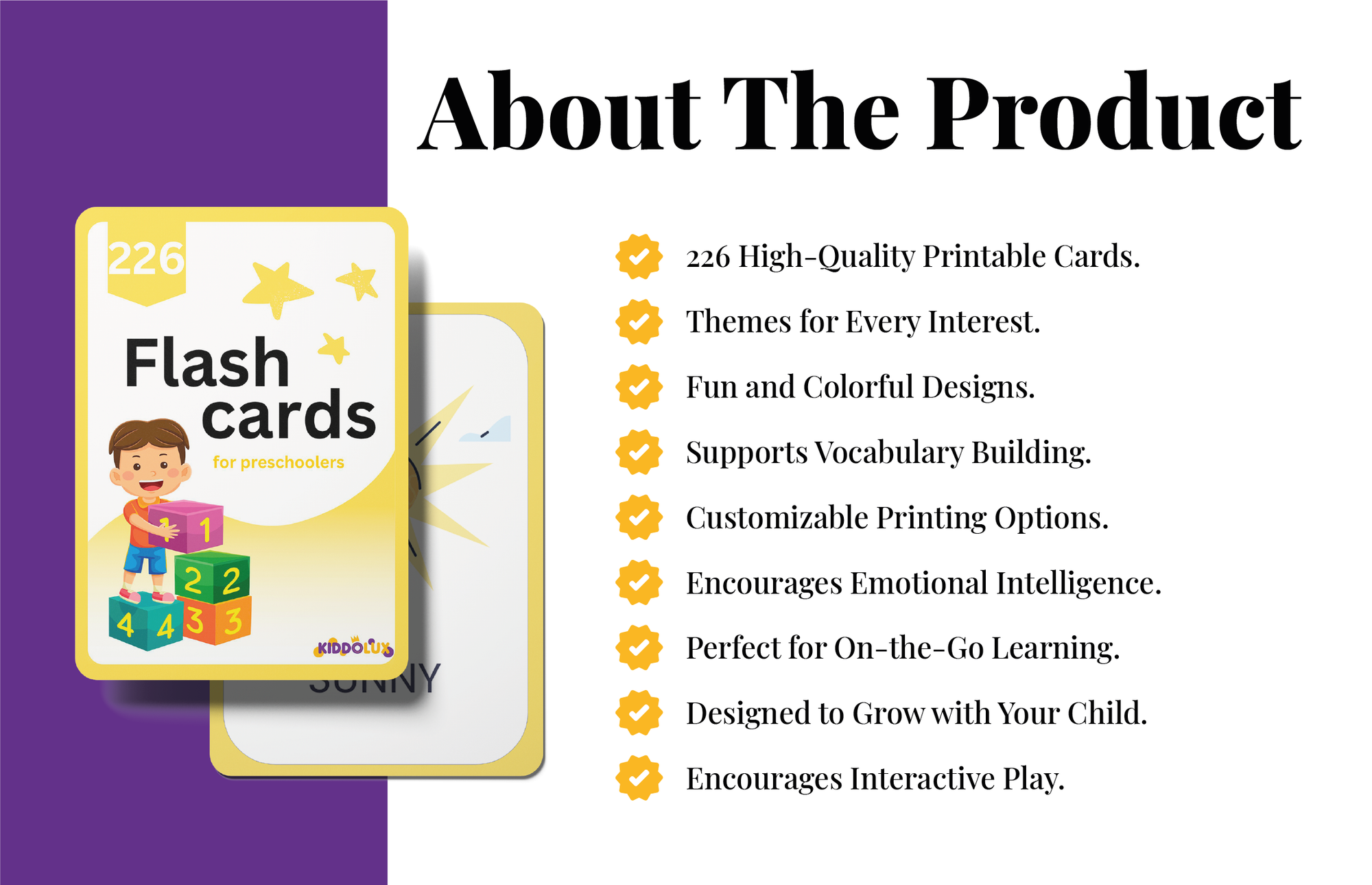 Banner showing key features of preschool flashcards: vibrant themes, educational activities, and support for early learning milestones.