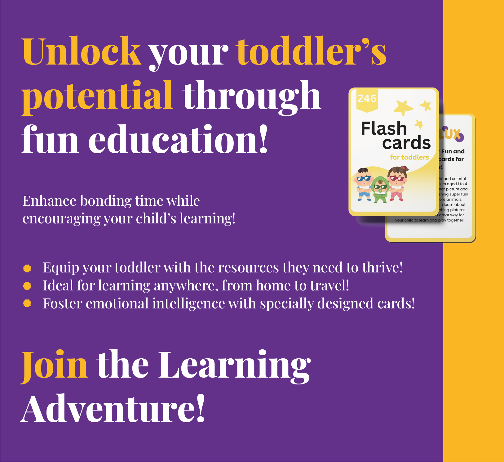 Banner showcasing customer needs for KiddoLux flashcards for toddlers, highlighting their effectiveness in promoting early learning, language development, and cognitive skills through engaging and interactive educational activities. Parents helping toddlers learn colors, numbers, and shapes with engaging flashcards.