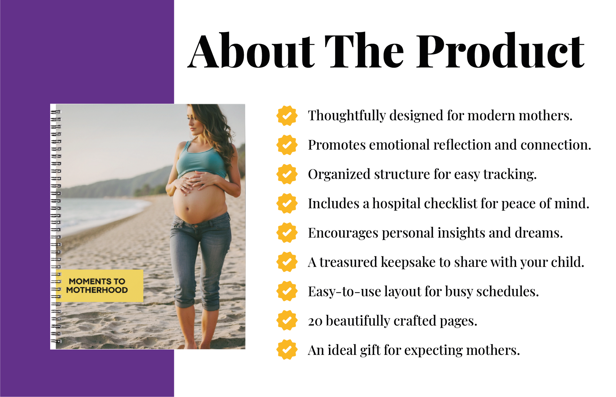 Banner detailing the key features of the Comprehensive Pregnancy Journal, including weekly tracking pages, helpful tips, and reflection prompts designed to empower expecting mothers to document their experiences and feelings throughout pregnancy.