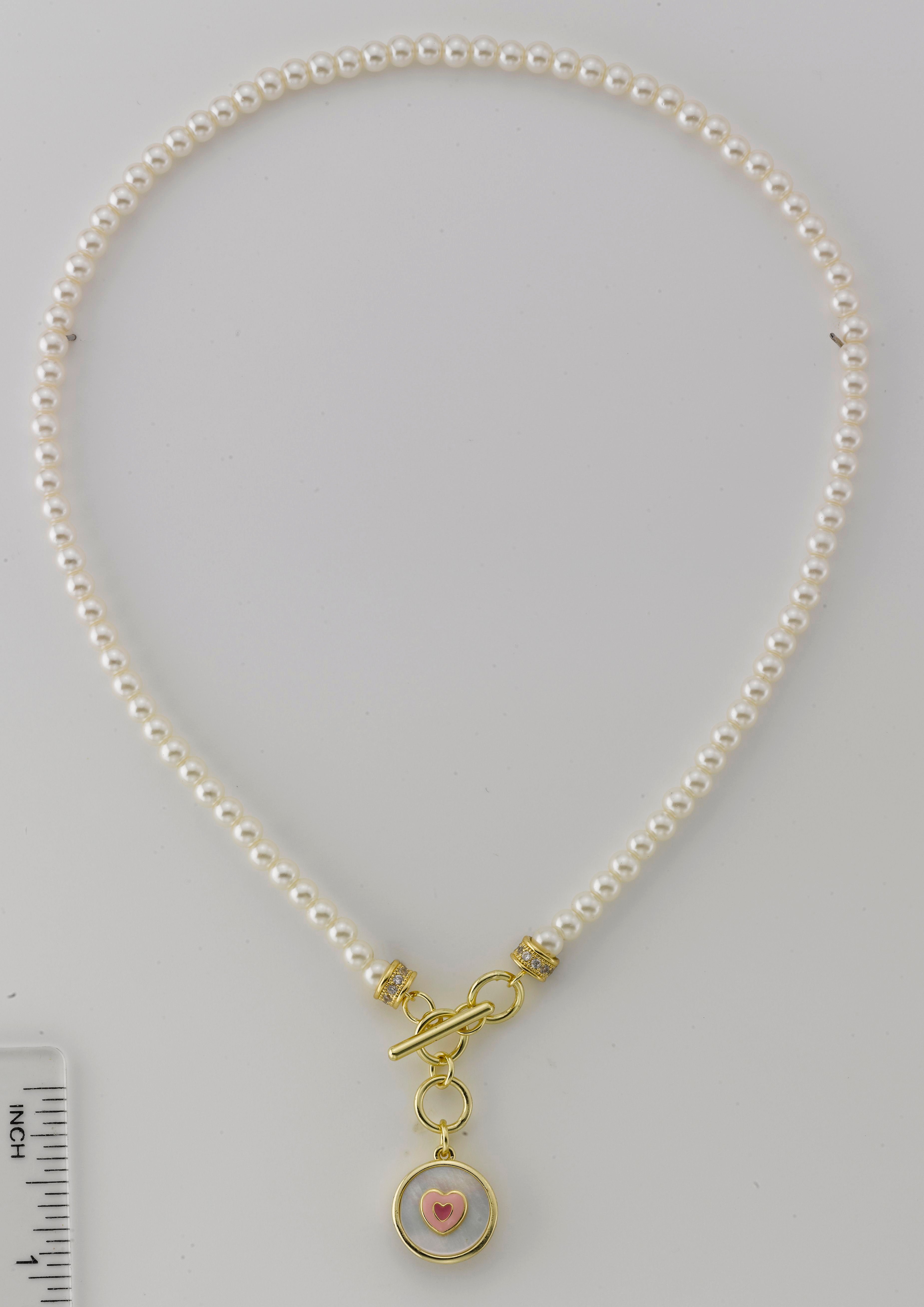 Mother Of Pearl Enamel Heart Pearl Necklace