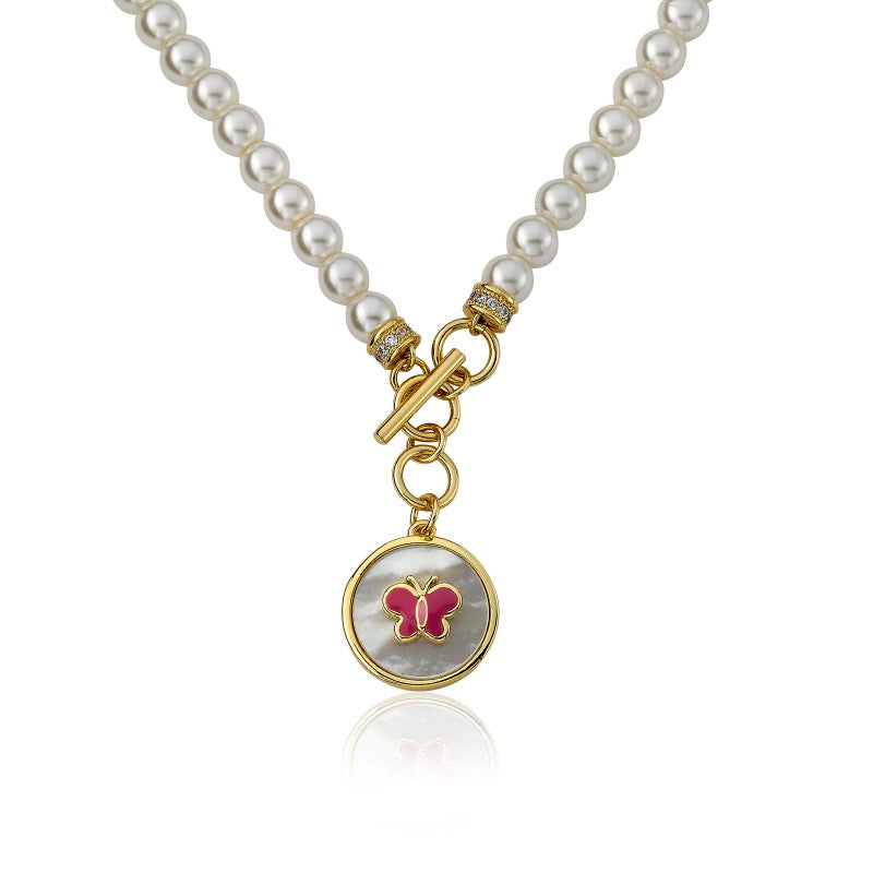 Mother Of Pearl Enamel Butterfly Pearl Necklace