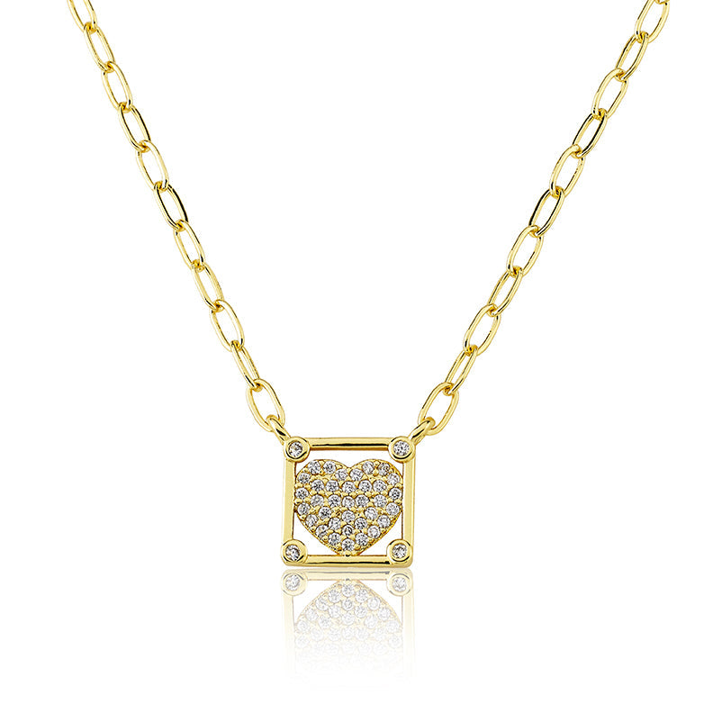 Cz Pave' Heart Paperclip Chain Necklace