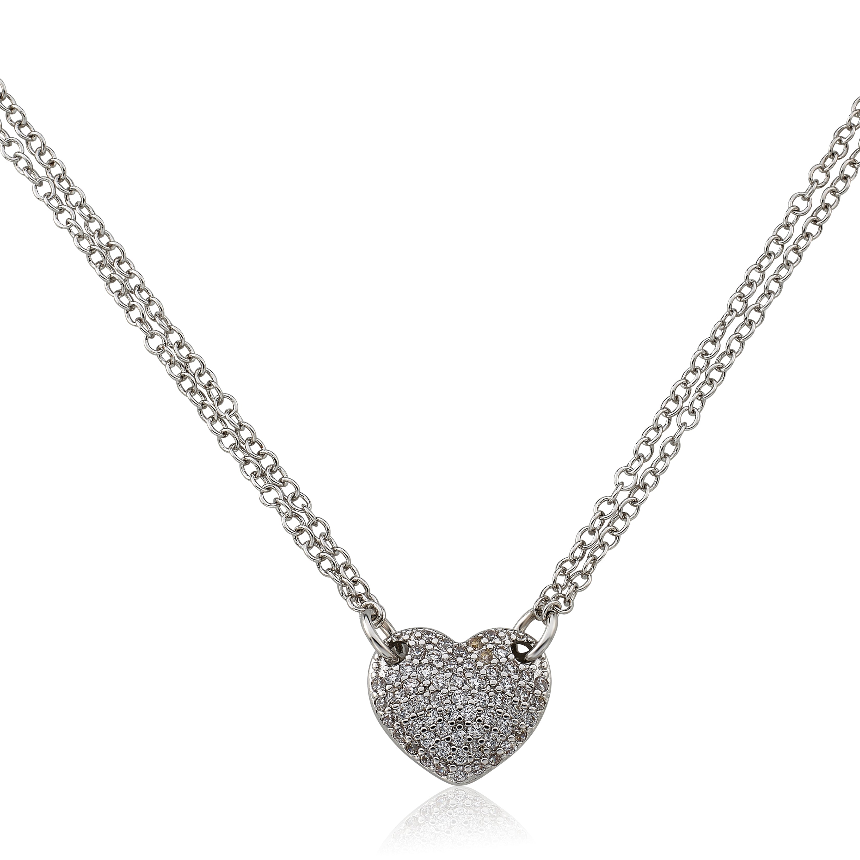 Rhodium Plated Small Heart Flower Necklace