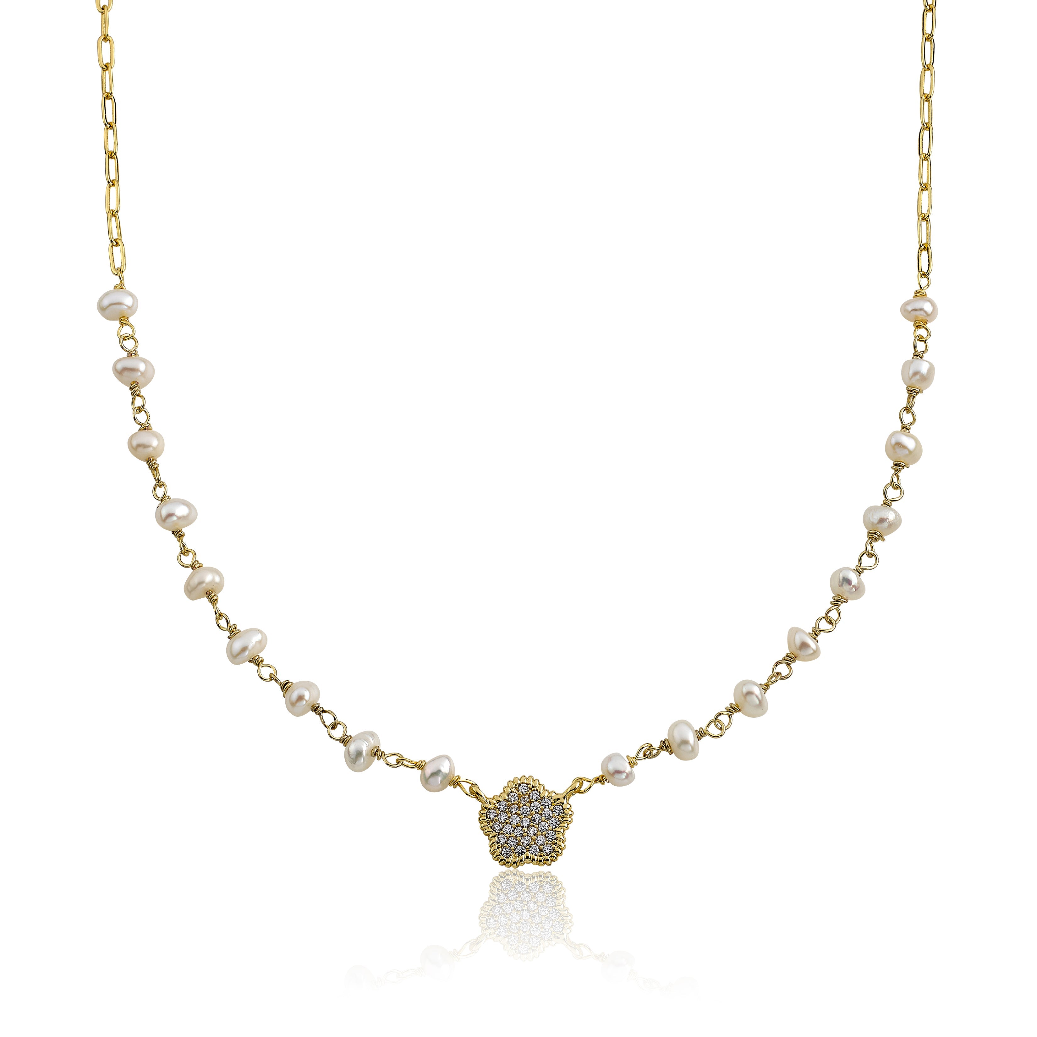 Micro Pave Flower Pearl Necklace