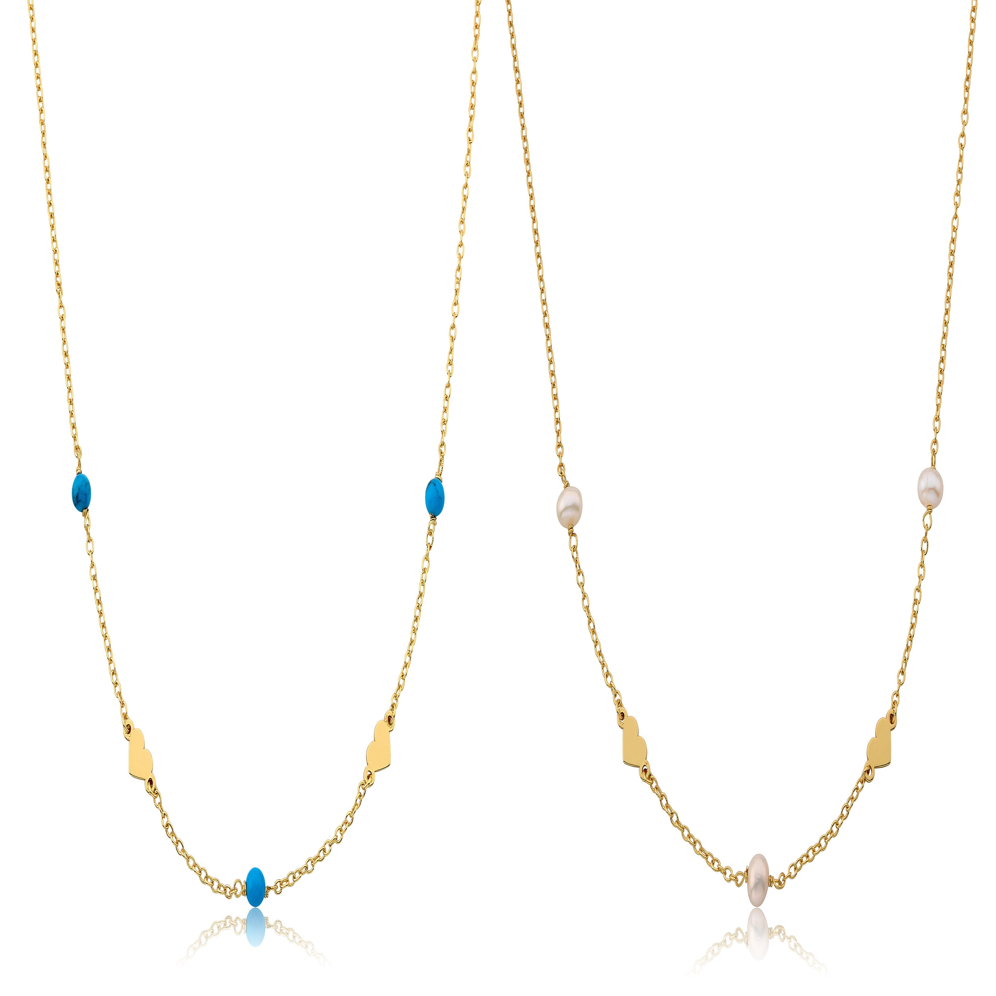14K Gold Plated Fresh Water Pearl/ Turquoise Heart Station Necklace Set