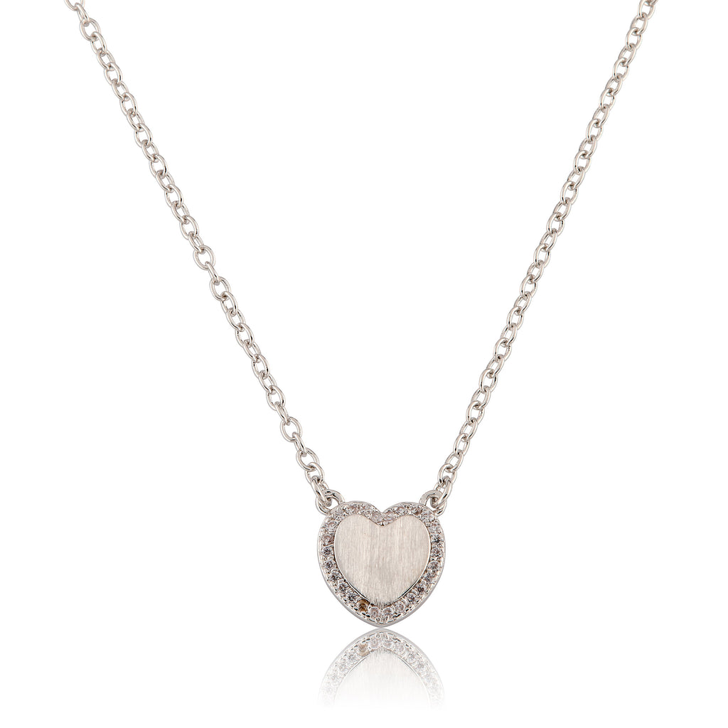 LMTS Classic! Brushed  Cz Framed  Heart Chain Necklace